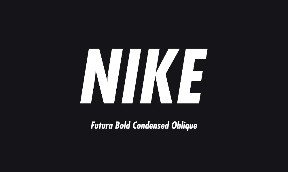The Nike wordmark set in a bold, condensed, oblique geometric sans-serif based on Futura.