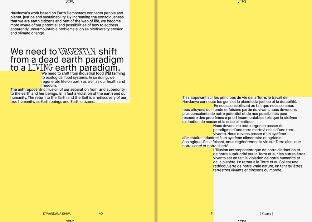 Yellow editorial spread about earth paradigm with bilingual French-English text and environmental messaging