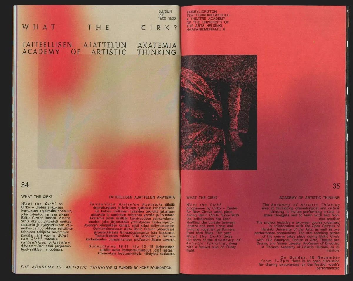 Bold red gradient editorial spread for Academy of Artistic Thinking with gradient backgrounds and clean typography