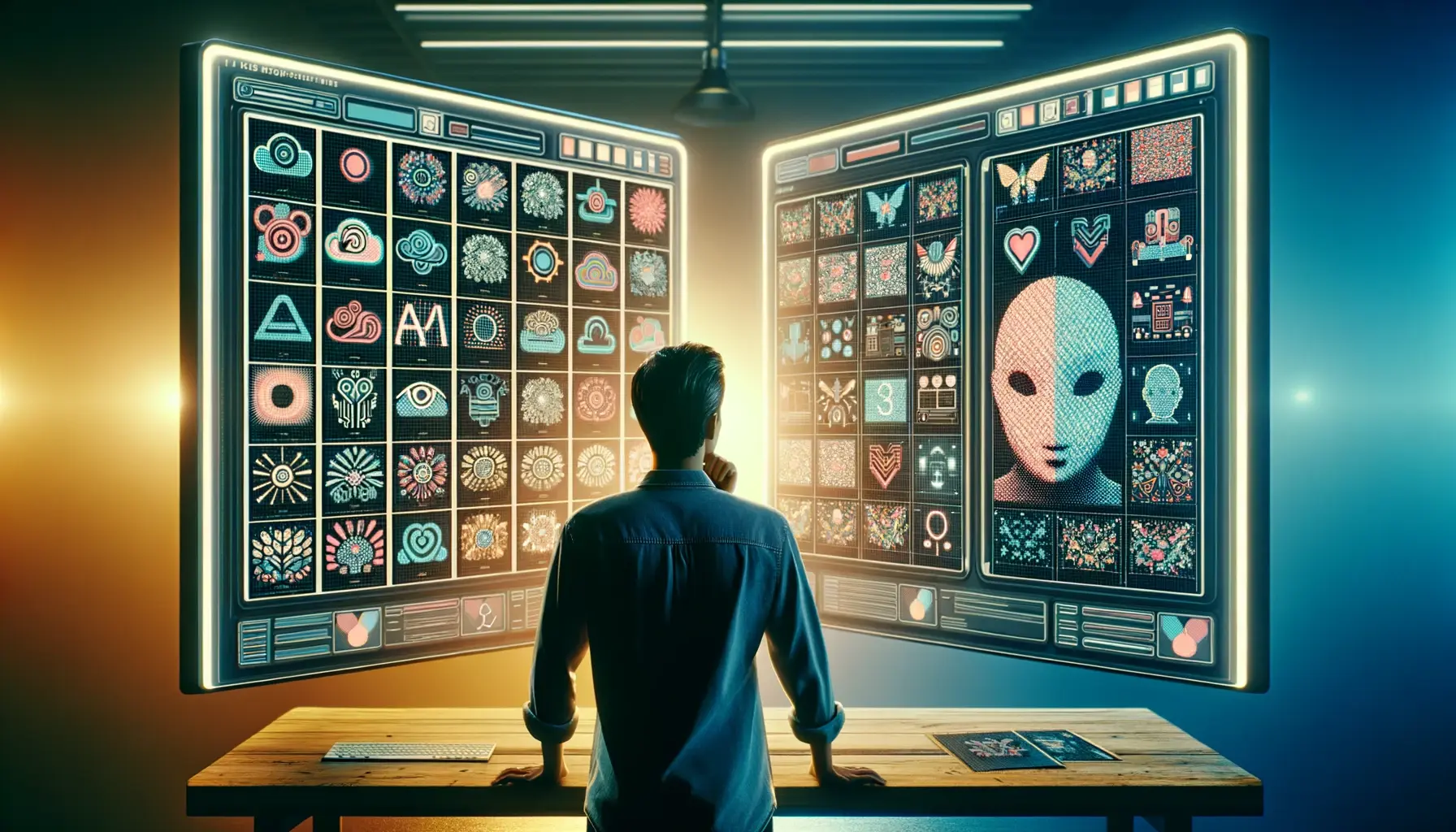 graphic designer looking at two large screens