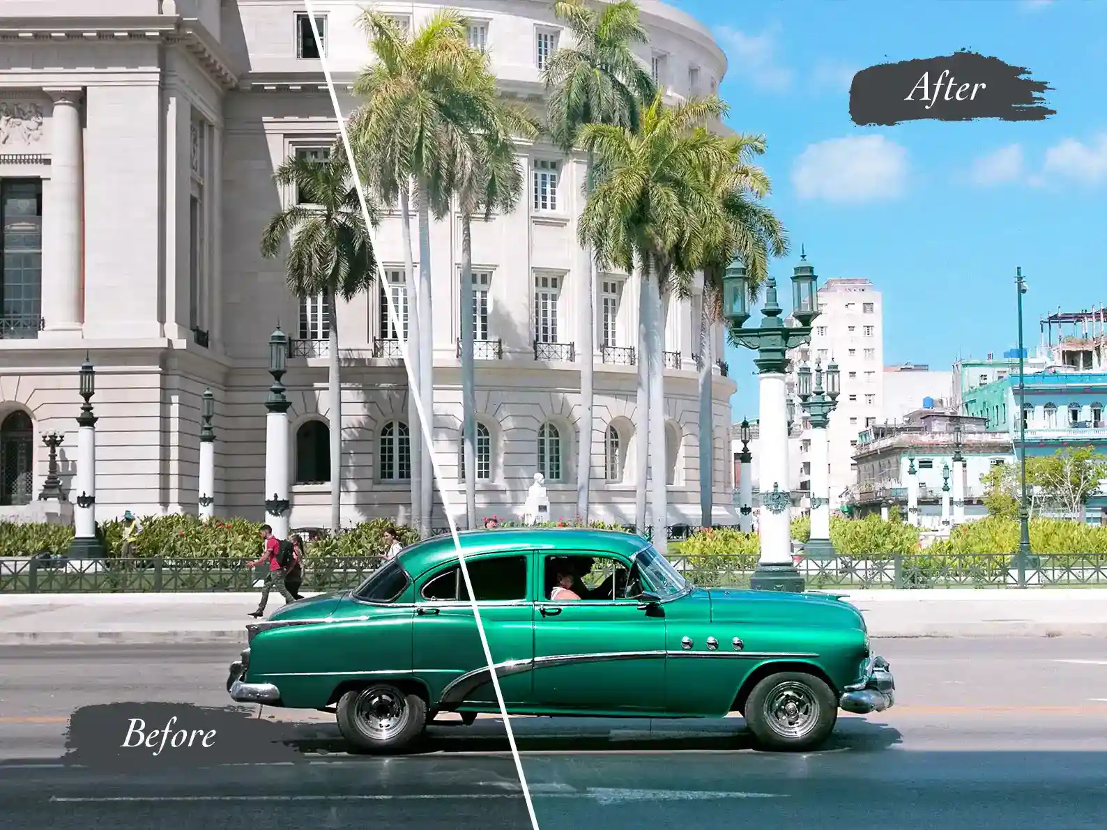 Image shows a before and after image enhancement of a classic car in Cuba